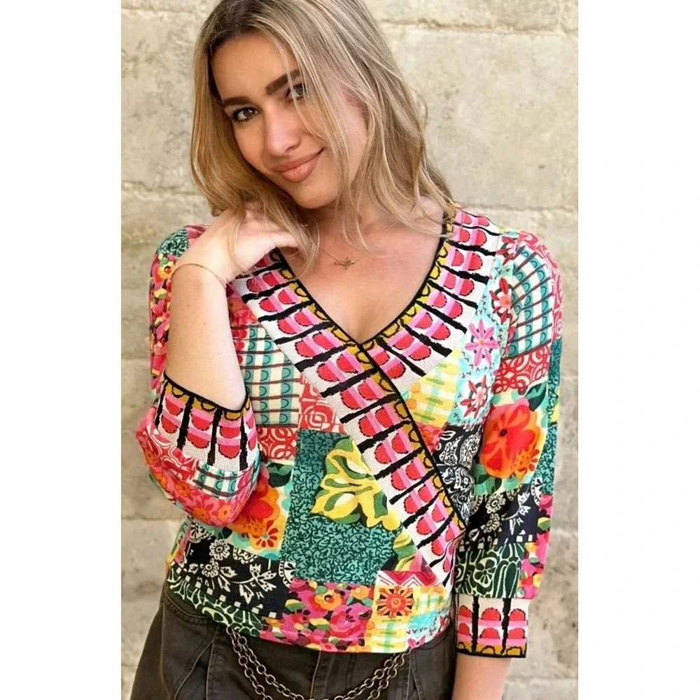 NEW Aldo Martins SZ M-L  Double V Neckline Vibrant Pullover Top $250